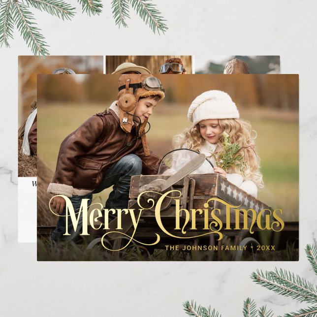 4 PHOTO Simply Elegant Sparkle Christmas Gold Foil Holiday Card (Creator Uploaded)