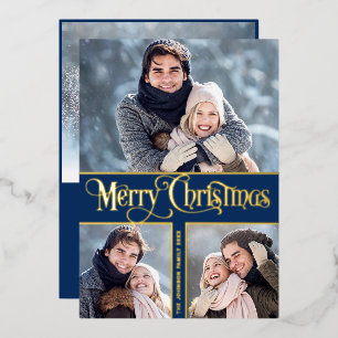 4 PHOTO Simply Elegant Sparkle Christmas Gold Foil Holiday Card