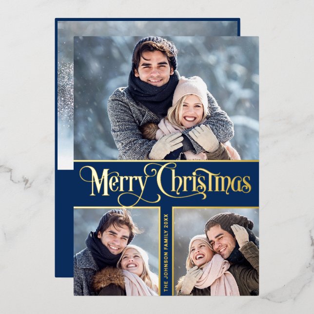 4 PHOTO Simply Elegant Sparkle Christmas Gold Foil Holiday Card (Front/Back)