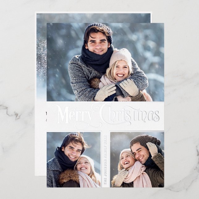 4 PHOTO Simply Elegant Sparkle Christmas Silver Foil Holiday Card (Front/Back)