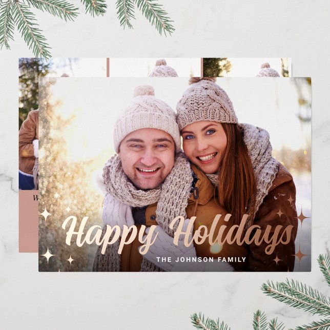 4 PHOTO Sparkle Christmas Greeting Rose Gold Foil Holiday Card (Creator Uploaded)