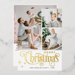 4 PHOTO Sparkle Merry Christmas Greeting Gold Foil Holiday Card