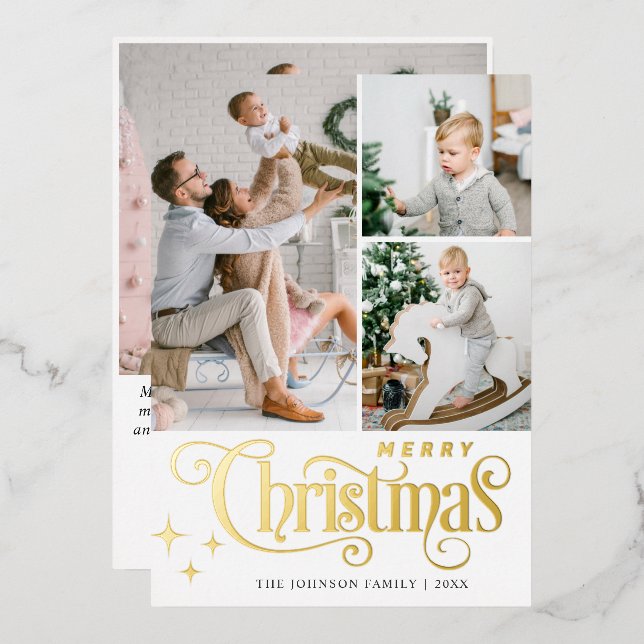 4 PHOTO Sparkle Merry Christmas Greeting Gold Foil Holiday Card (Front/Back)