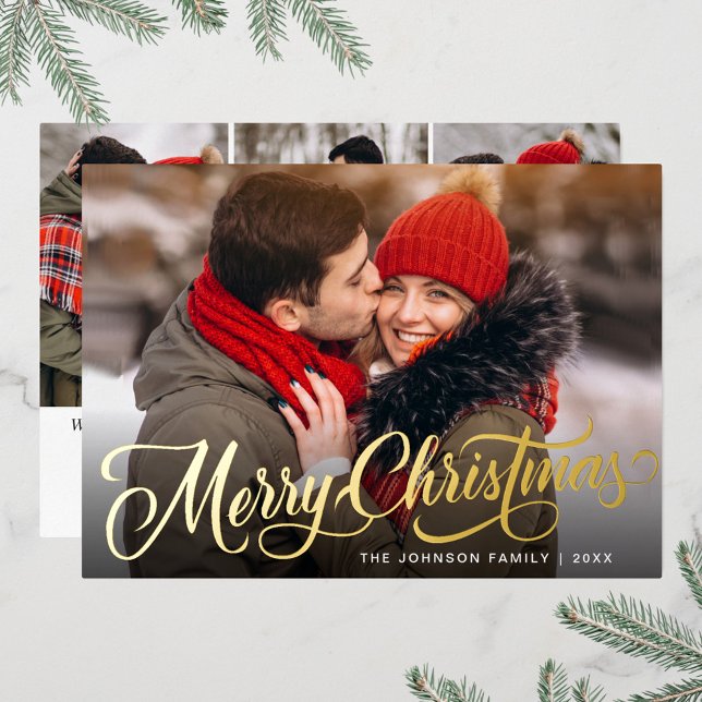 4 PHOTO Sparkle Merry Christmas Greeting Gold Foil Holiday Card (Creator Uploaded)
