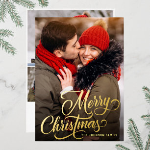 4 PHOTO Sparkle Merry Christmas Greeting Gold Foil Holiday Card