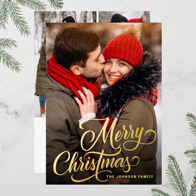4 PHOTO Sparkle Merry Christmas Greeting Gold Foil Holiday Card (Creator Uploaded)