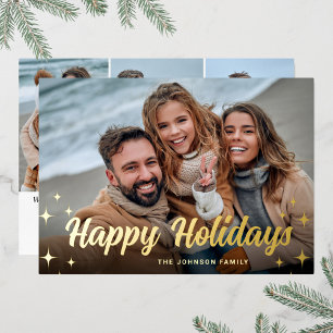 4 PHOTO Sparkle Merry Christmas Greeting Gold Foil Holiday Card