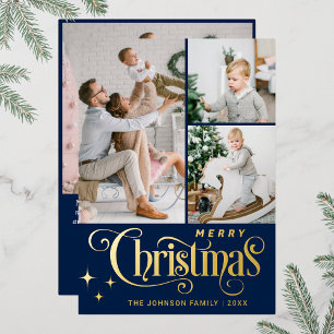 4 PHOTO Sparkle Merry Christmas Greeting Gold Foil Holiday Card