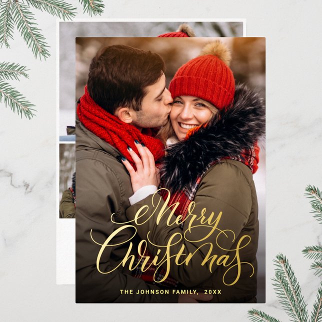 4 PHOTO Sparkle Merry Christmas Greeting Gold Foil Holiday Card (Creator Uploaded)