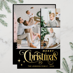 4 PHOTO Sparkle Merry Christmas Greeting Gold Foil Holiday Card
