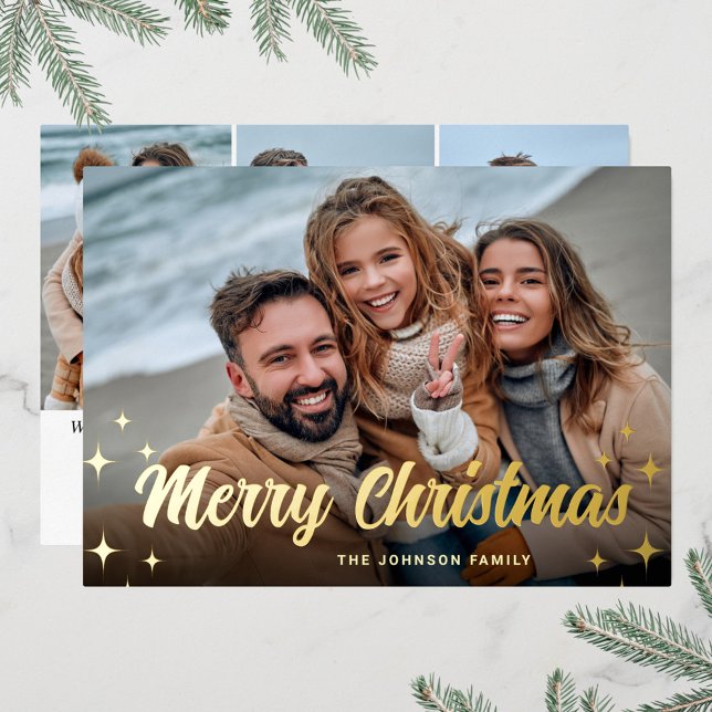 4 PHOTO Sparkle Merry Christmas Greeting Gold Foil Holiday Card (Creator Uploaded)