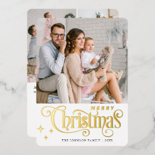 4 PHOTO Sparkle Merry Christmas Greeting Gold Foil Holiday Card