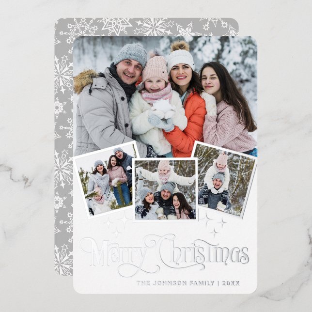 4 PHOTO Sparkle Merry Christmas Greeting Silver Foil Holiday Card (Front/Back)