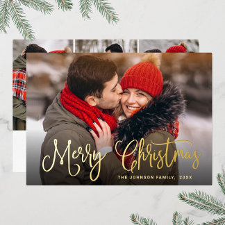 4 PHOTO Sparkle Modern Christmas Greeting Gold Foil Holiday Card