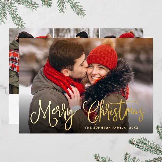 4 PHOTO Sparkle Modern Christmas Greeting Gold Foil Holiday Card (Creator Uploaded)