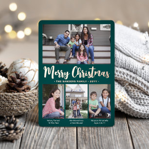 4 Photo Teal Green Merry Christmas Modern Collage Foil Holiday Card