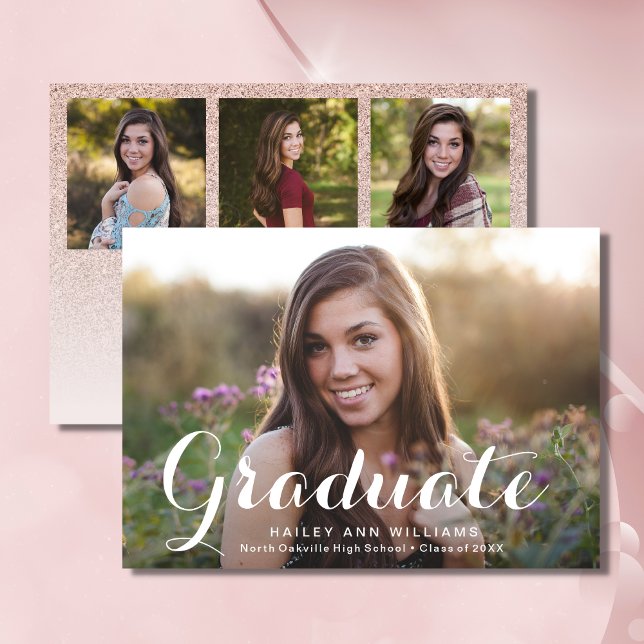 4 Photo Trendy Pink Chic Graduation Party Invitation (Rose Gold Graduation Invitation )