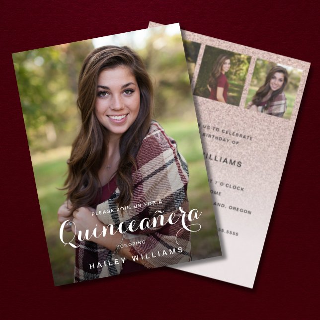 4 Photo Trendy Pink Quinceañera Birthday Party Invitation (Creator Uploaded)