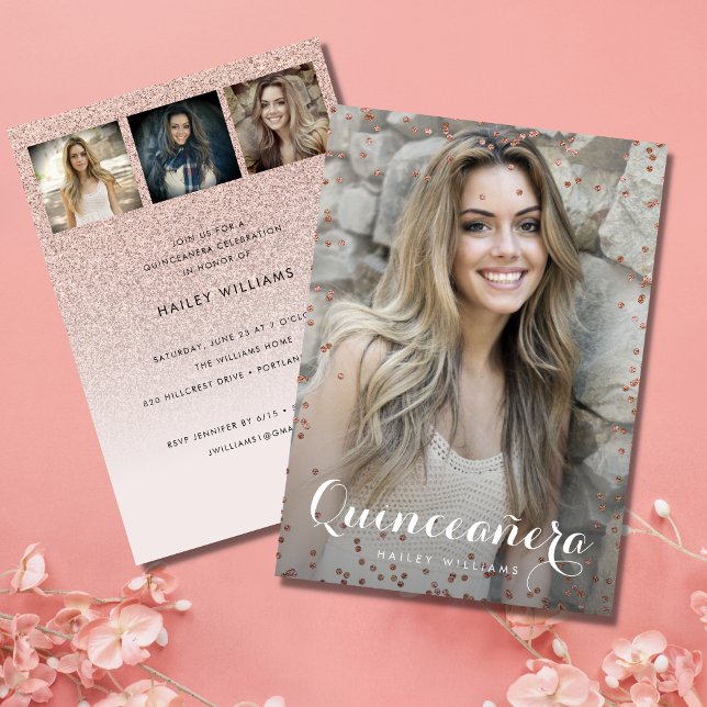 4 Photo Trendy Pink Quinceañera Sweet 15 Party Invitation (Creator Uploaded)