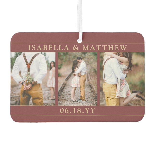 4 Photo Wedding Collage Burgundy Red & Gold Heart Car Air Freshener (Front)