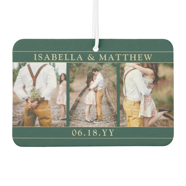 4 Photo Wedding Collage Elegant Green & Gold Heart Car Air Freshener (Front)