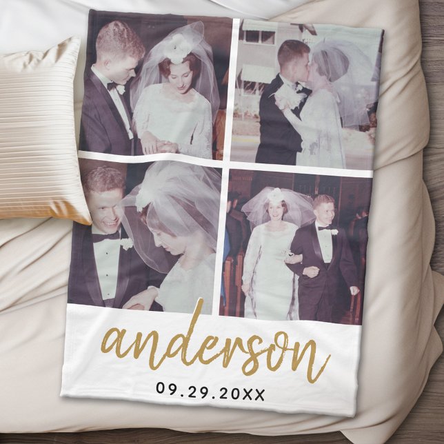 4 Photo Wedding Collage Handwritten Last Name Fleece Blanket (Personalized wedding anniversary fleece blanket)