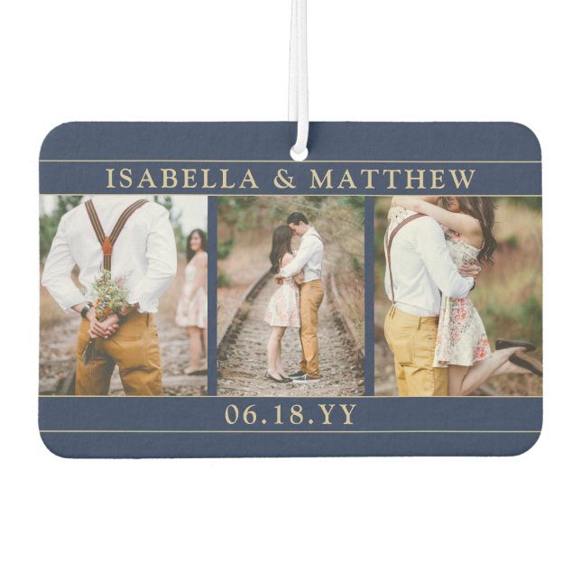 4 Photo Wedding Collage Navy Blue & Gold Heart Car Air Freshener (Front)