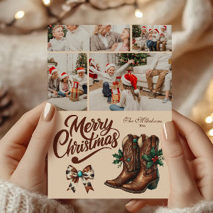 4 Photo Western Bow & Boots Christmas Holiday Card
