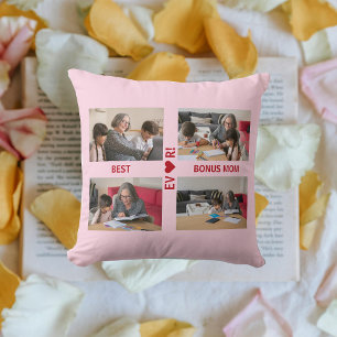 4 Photos Best Bonus Mum Ever Heart Photo Collage Cushion