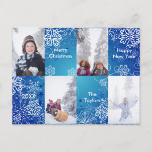 4 Photos Blue Snow Background - Christmas Postcard
