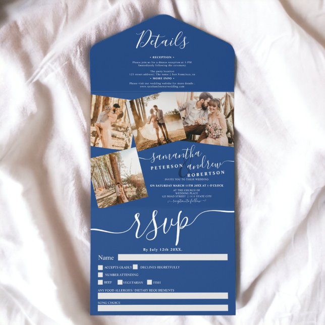 4 Photos blue white modern script wedding All In One Invitation (4 Photos blue white modern script wedding All In One Invitation)