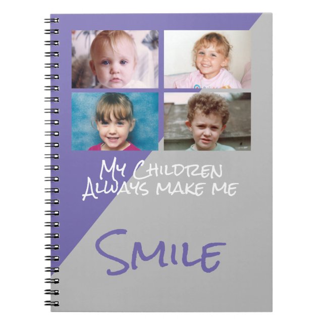 4 photos children make me smile purple grey notebook (Front)