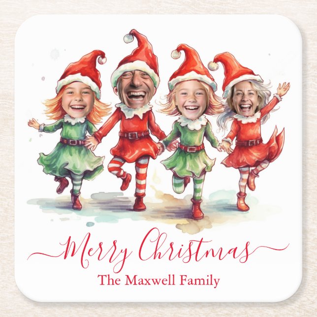 4 Photos Christmas elves  Square Paper Coaster (Front)