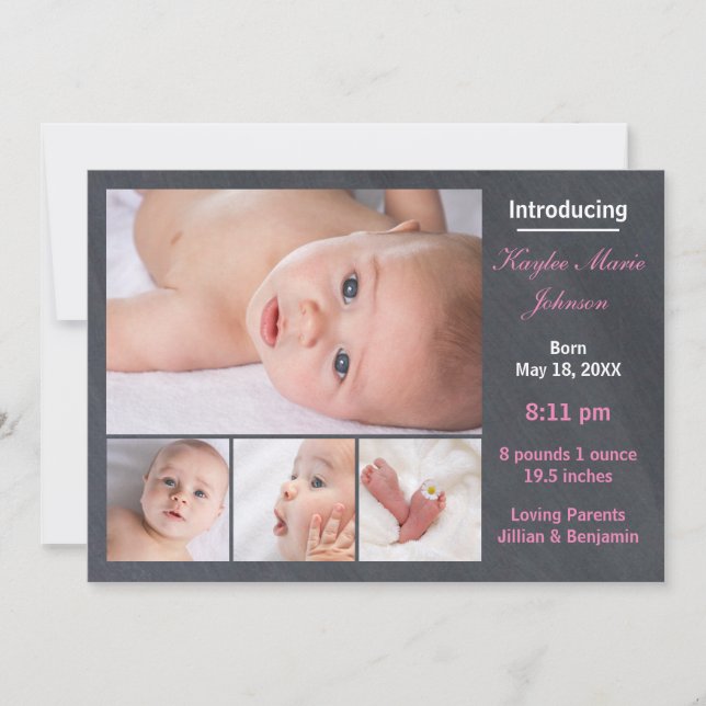 4 Photos Collage Chalkboard - Birth Announcement (Front)