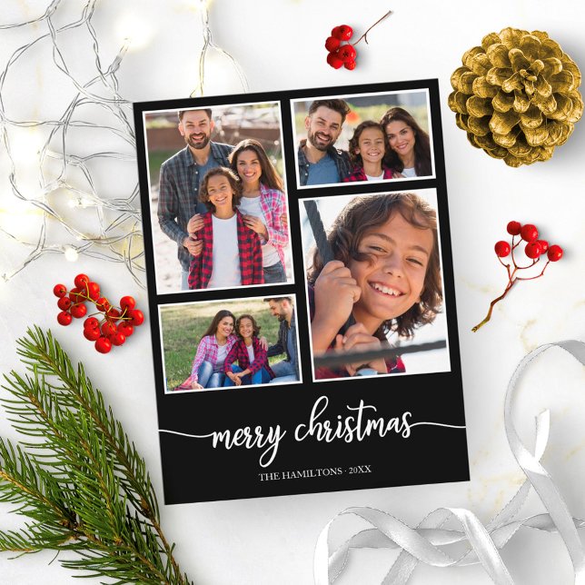 4 Photos Collage Cute Script Merry Christmas Black Postcard (Creator Uploaded)