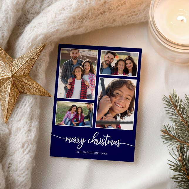 4 Photos Collage Elegant Merry Christmas Blue Postcard (Creator Uploaded)