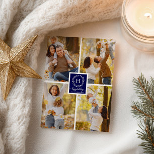 4 Photos Collage Happy Holidays Christmas Blue Postcard