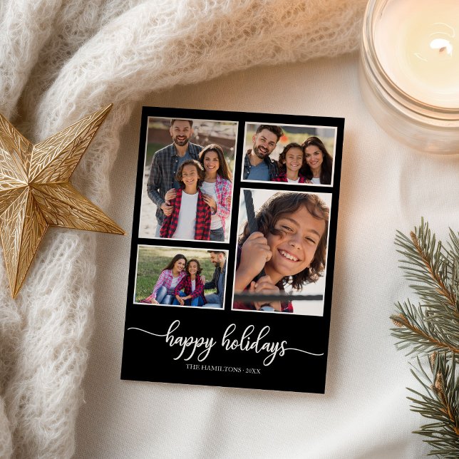 4 Photos Collage Happy Holidays Modern Black Postcard (Creator Uploaded)