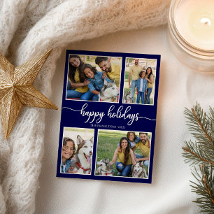 4 Photos Collage Happy Holidays Modern Navy Blue Postcard