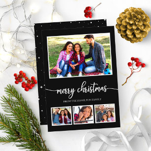 4 Photos Collage Merry Christmas Modern Black Invitation