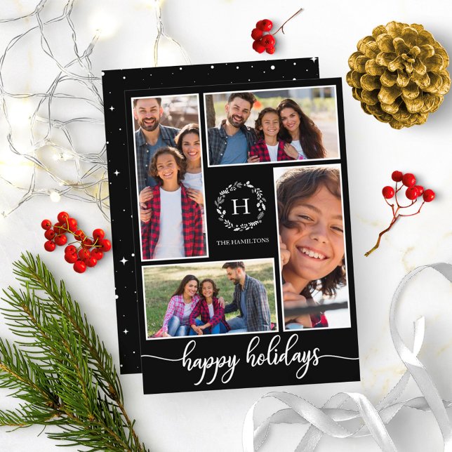 4 Photos Collage Monogram Happy Holidays Black Invitation (Creator Uploaded)