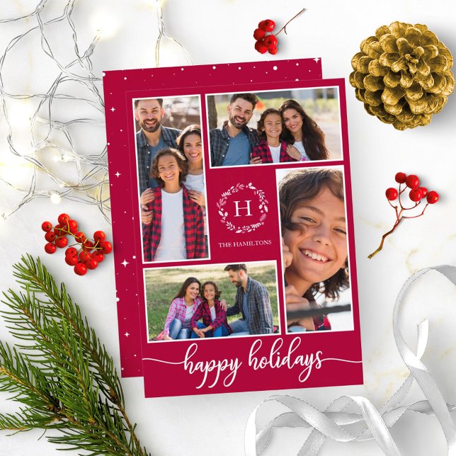 4 Photos Collage Monogram Happy Holidays Christmas Invitation (Creator Uploaded)