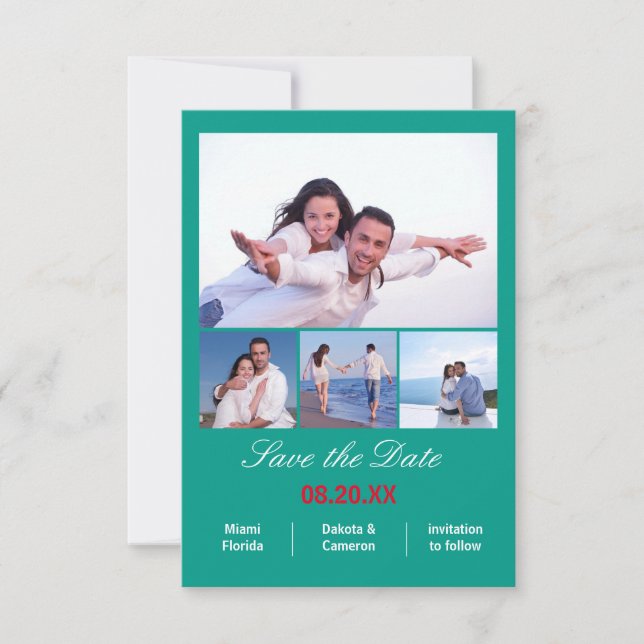 4 Photos Collage Vertical - 3x5 Aqua Save the Date (Front)