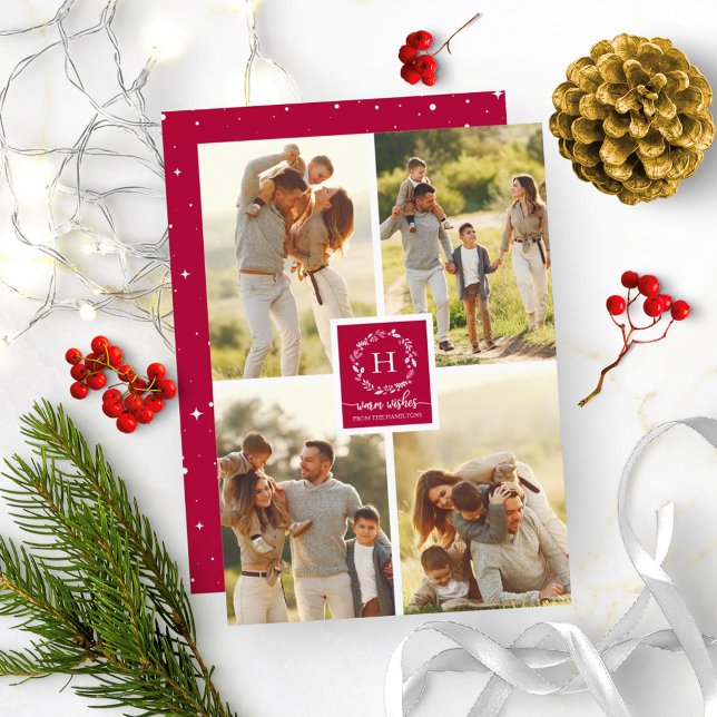 4 Photos Collage Warm Wishes Christmas Monogram Invitation (Creator Uploaded)