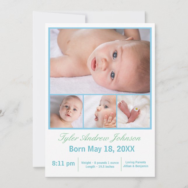 4 Photos Collage White/Blue - Birth Announcement (Front)
