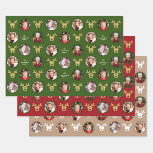 4 Photos Cute Reindeer Family Christmas  Wrapping Paper Sheet