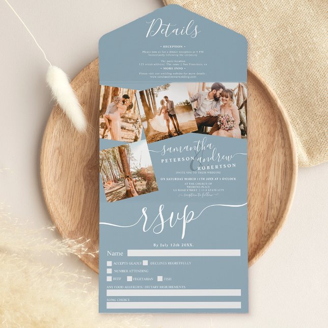 4 Photos dusty blue modern script wedding All In One Invitation (Creator Uploaded)