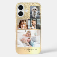 4 Photos, Faux Brushed Gold Metal, Glitter, Name