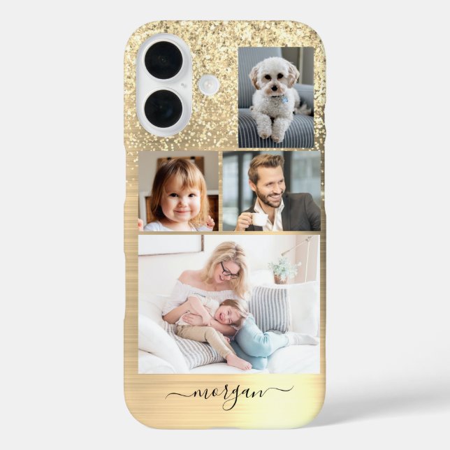 4 Photos, Faux Brushed Gold Metal, Glitter, Name Case-Mate iPhone Case (Back)