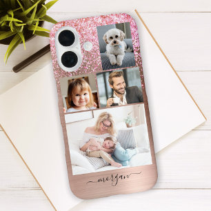 4 Photos, Faux Brushed Metal, Glitter, Script Name iPhone 16 Case
